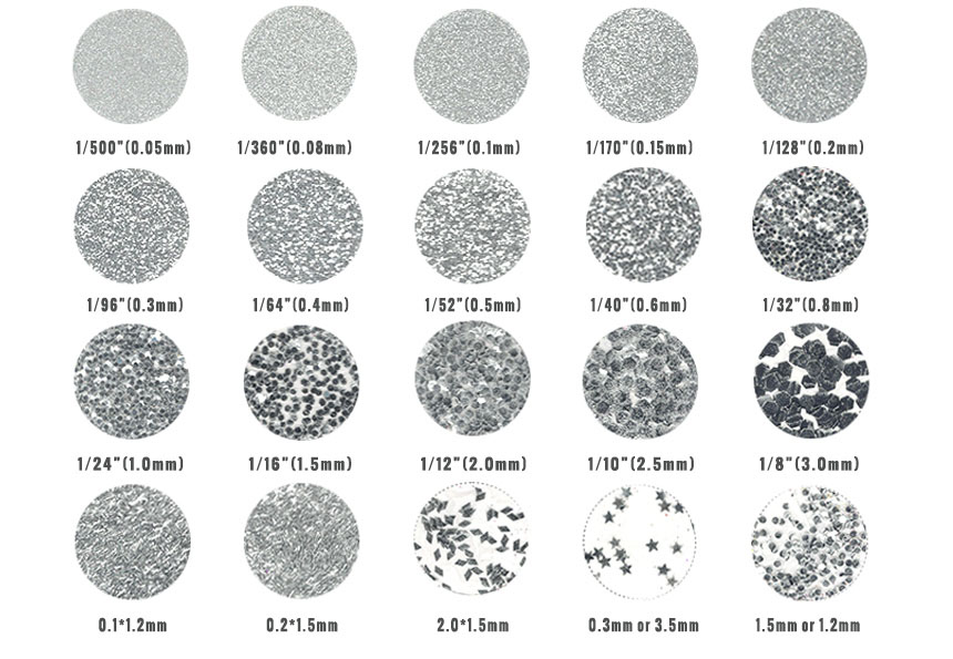 Разнообразие размеров серебряной блестящей пудры